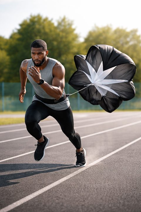 An athlete sprinting on a track with a resistance training parachute creating drag behind them